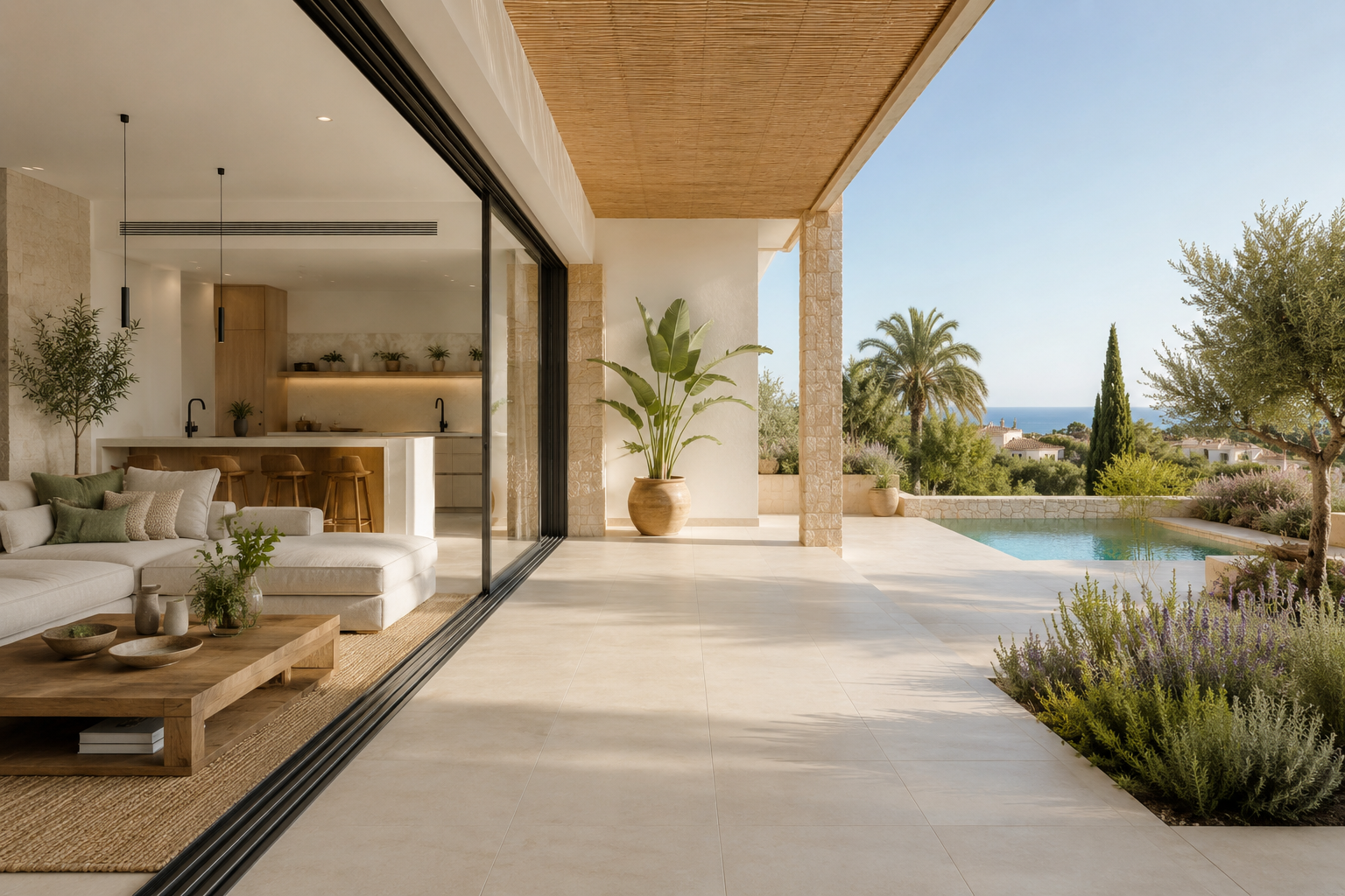 Vivienda mediterránea con terraza, piscina y pavimento cerámico claro para reformas contra el calor en La Vega Baja
