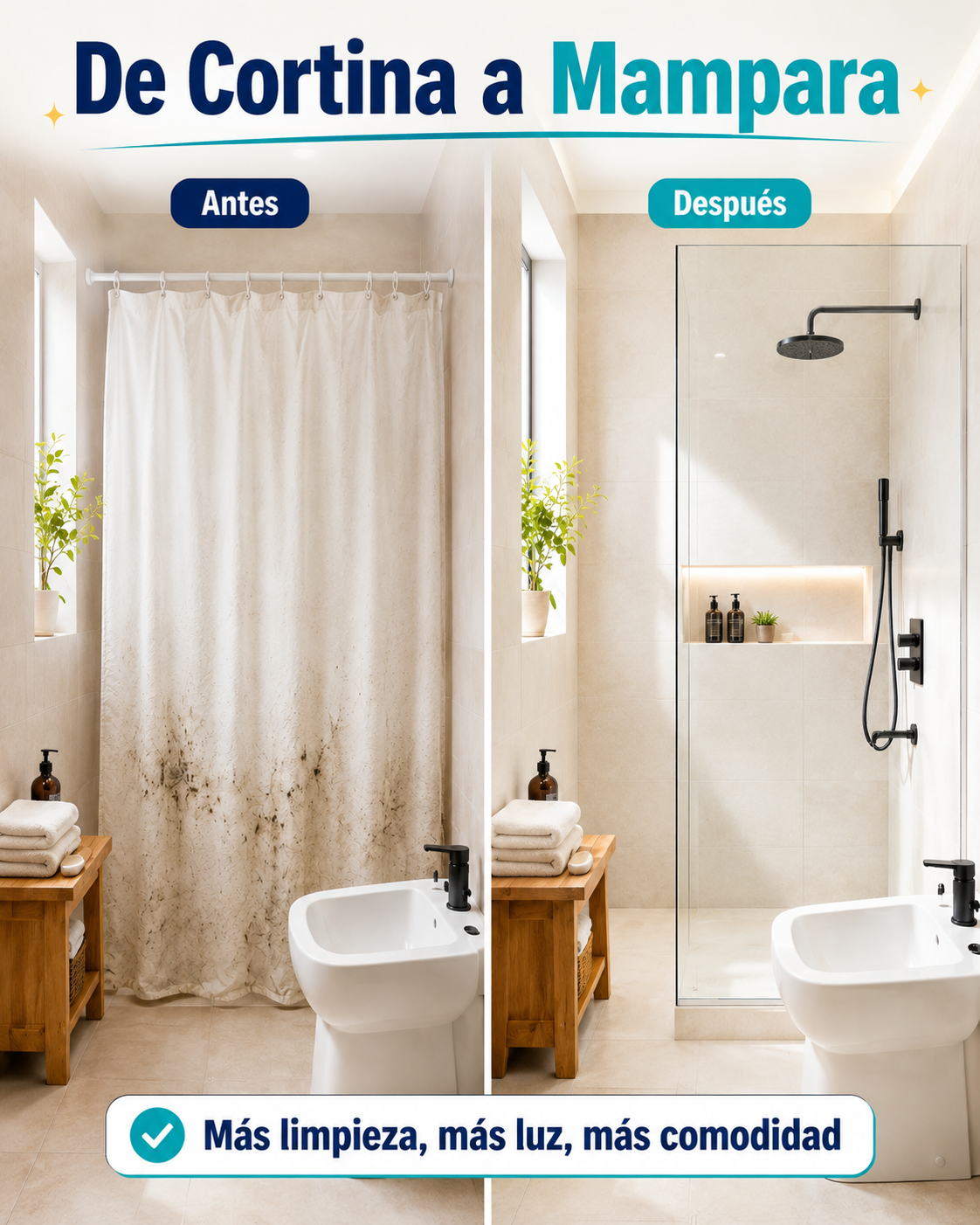 Antes y después de un baño con cortina vieja sustituida por una mampara de ducha moderna, ganando limpieza, luz y comodidad
