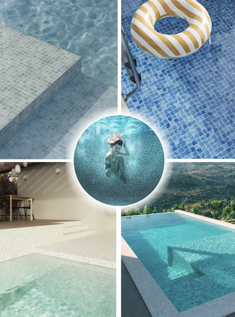 Collage de piscinas con revestimiento de gresite en diferentes tonos, mostrando cómo el acabado cambia el color del agua y el estilo de la piscina.