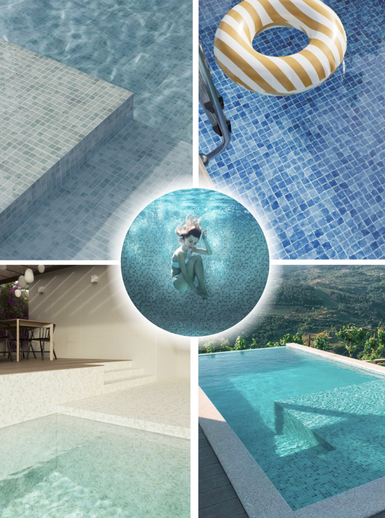 Collage de piscinas con revestimiento de gresite en diferentes tonos, mostrando cómo el acabado cambia el color del agua y el estilo de la piscina.
