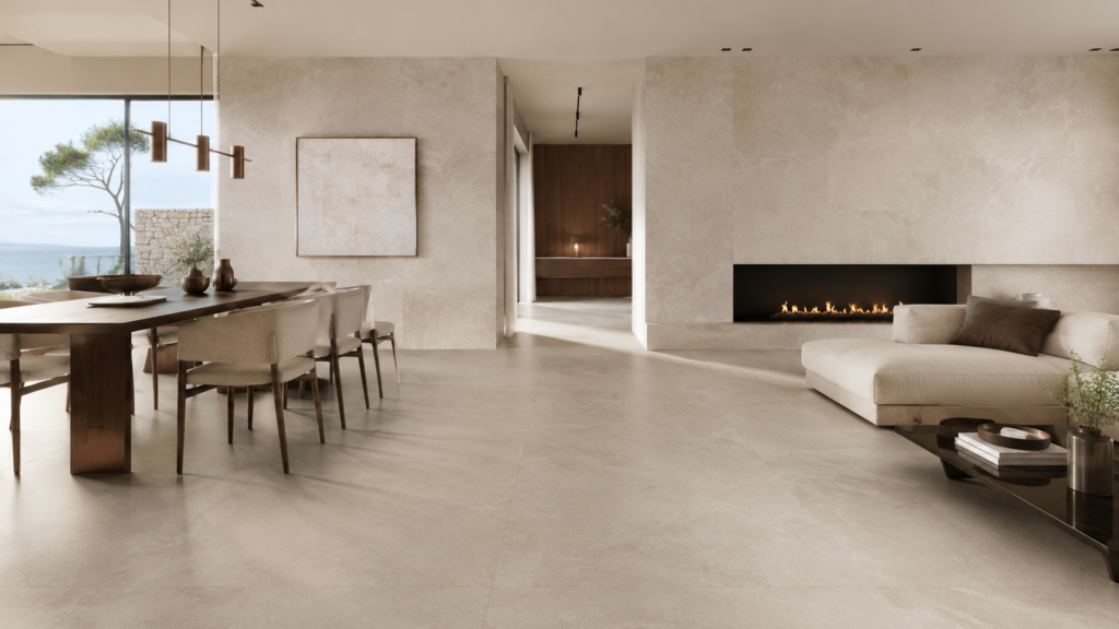 Salón moderno con cerámica de gran formato en suelo y pared, creando un espacio amplio, luminoso y elegante.
