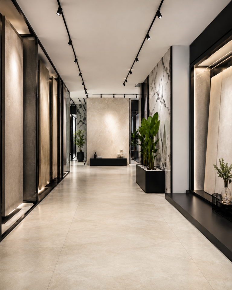 Salón moderno con cerámica de gran formato en suelo y pared, creando un espacio amplio, luminoso y elegante