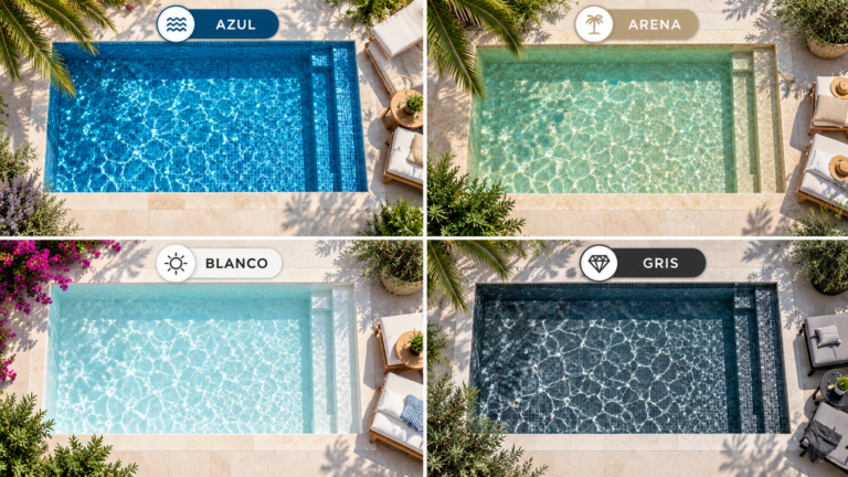 Collage de piscinas con revestimiento de gresite en diferentes tonos, mostrando cómo el acabado cambia el color del agua y el estilo de la piscina.