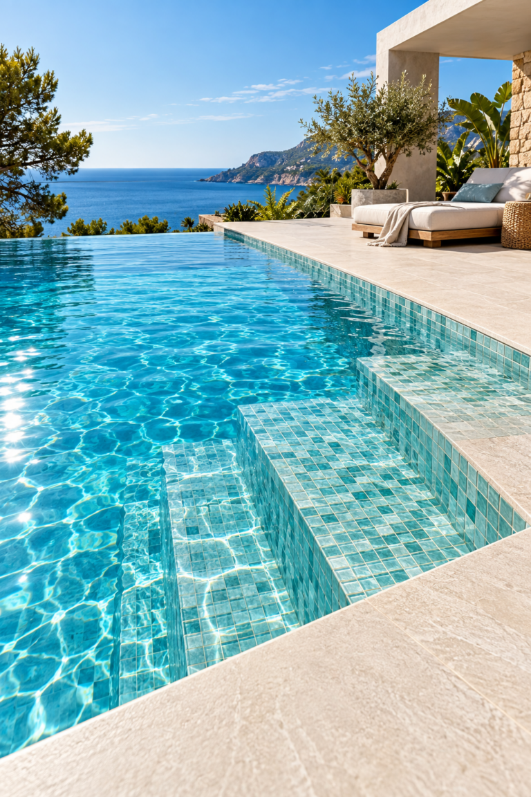 Collage de piscinas con revestimiento de gresite en diferentes tonos, mostrando cómo el acabado cambia el color del agua y el estilo de la piscina.